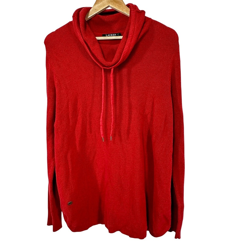 Lauren Ralph Lauren Cowl Neck Sweater Womens 1X Red Waffle Knit Cotton Excellent